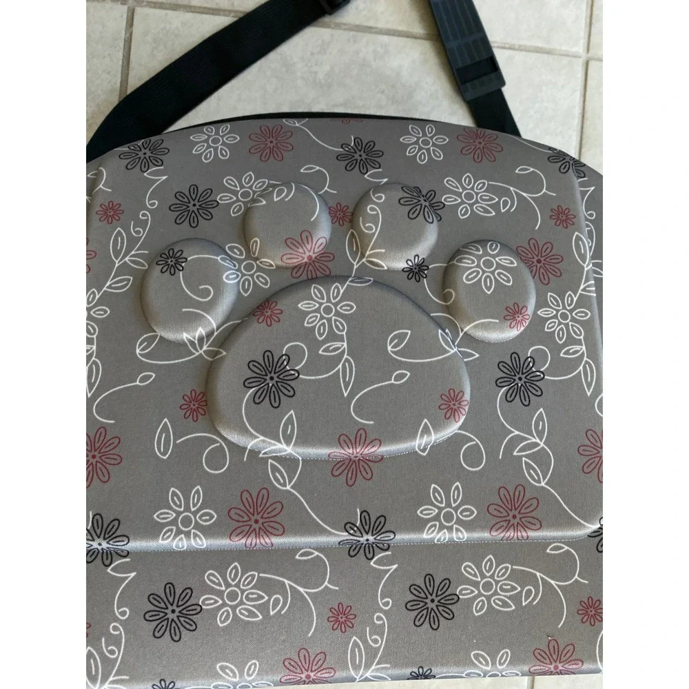 Gray Floral Paw Print Soft Sided Pet Carrier Small Dog Cat Travel Bag Mesh Vent